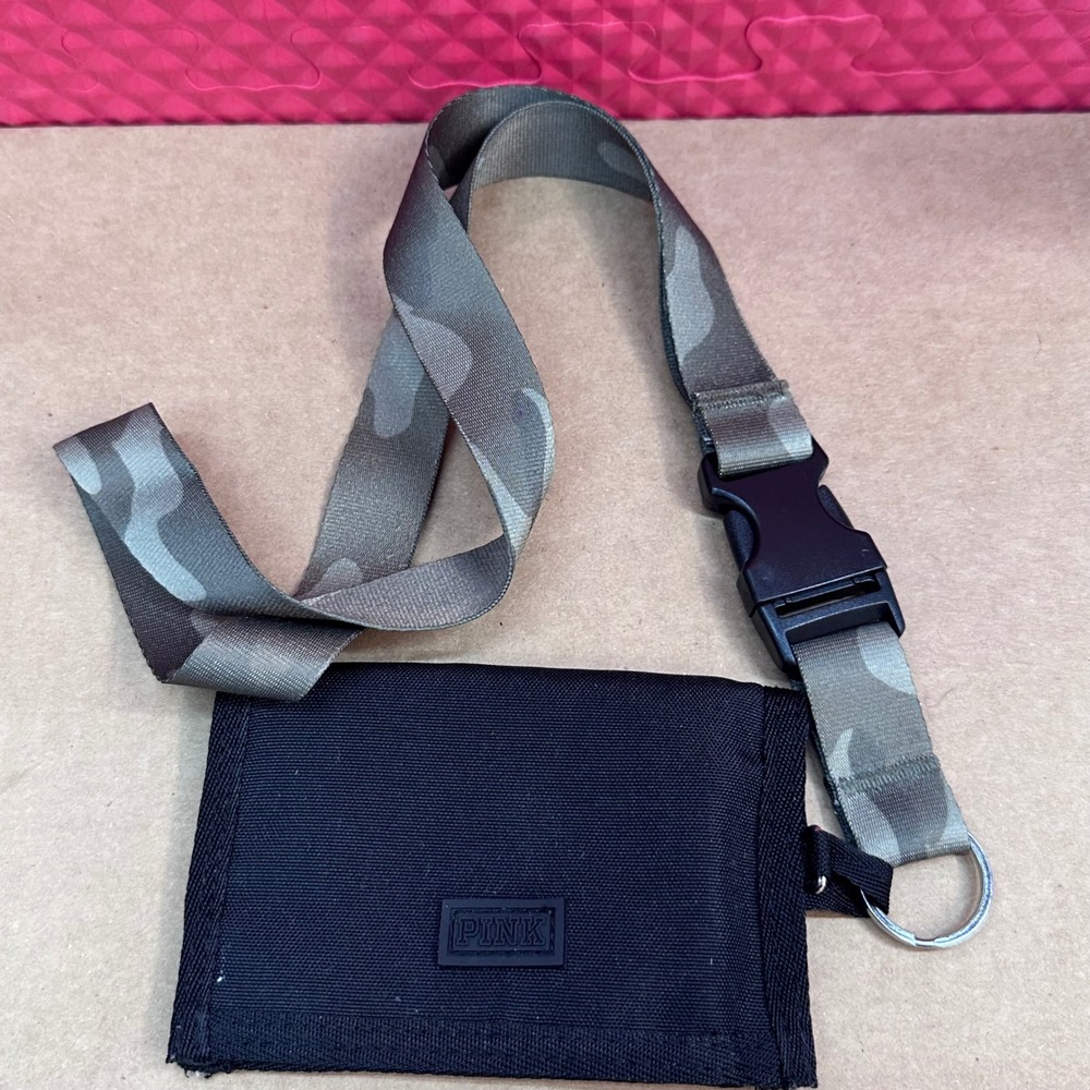 Victorias Secret PINK Lanyard Wallet Black Canvas Camo Strap Key Ring ID Holder